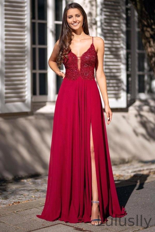 Luluslly Spaghetti-Straps V-Neck Long Prom Dress Slit With Appliques