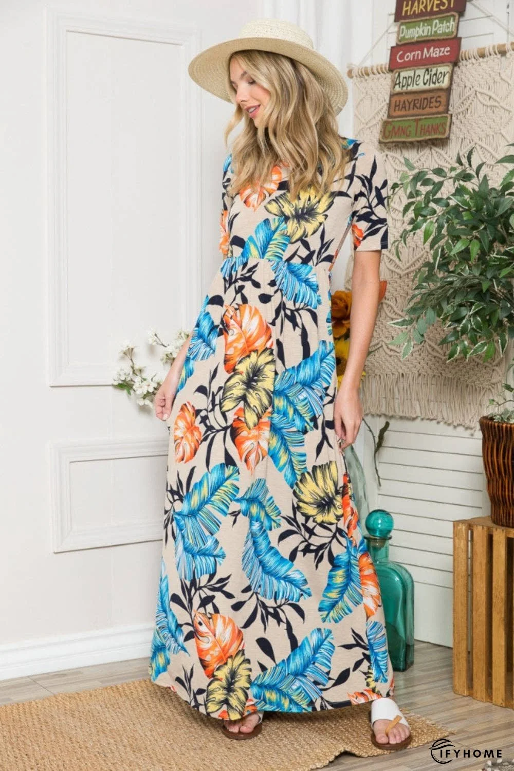 Celeste Full Size Printed Round Neck Short Sleeve Maxi Dress | IFYHOME