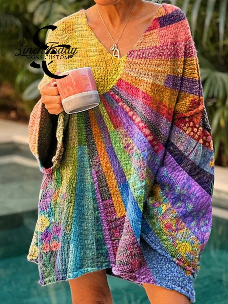 Women's Colorful Sun Collage Art Casual Pullover Sweater