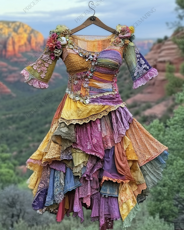 Summer colorful vacation patchwork contrast dress d389