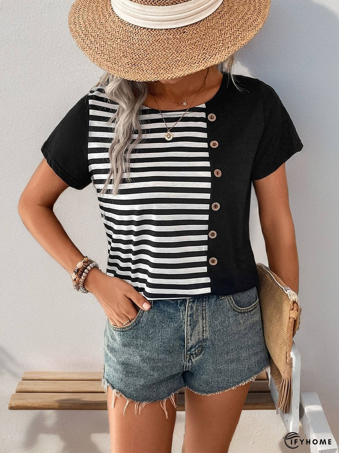 Striped Round Neck Short Sleeve T-Shirt - Decorative Button | IFYHOME