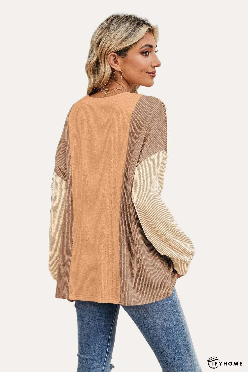 Double Take Texture Contrast Round Neck Long Sleeve T-Shirt | IFYHOME
