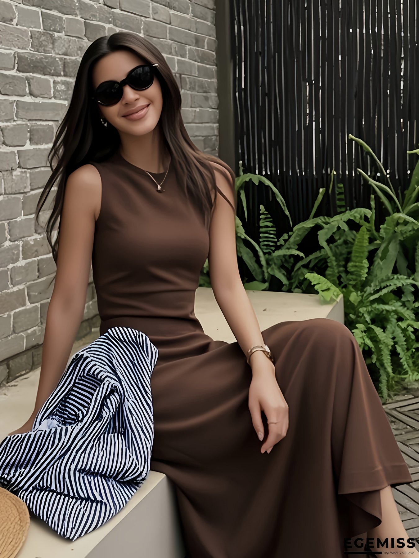 Women's Elegant Sleeveless Maxi Dress - Coffee Brown Formal & Casual Event Gown, Flared Hem, Machine Washable - All-Season Party, Wedding, Everyday Outfit - Yd88 | EGEMISS