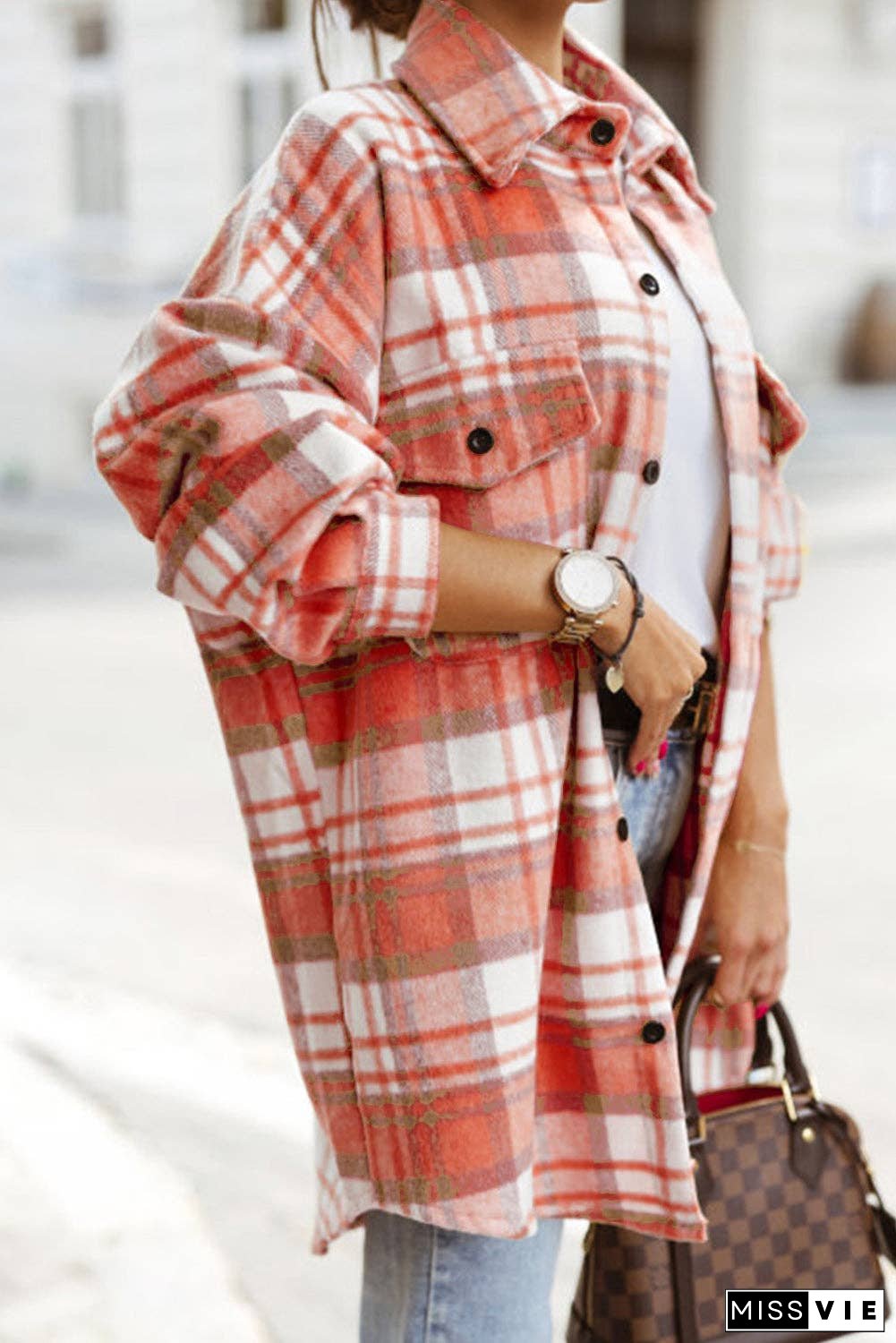 Plaid Flap Pocket Buttoned Shacket