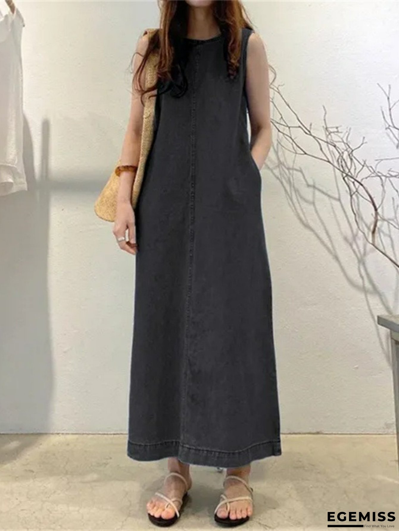 Women's Denim Dress - 2025 New Fashion Long Sleeveless Round Neck Loose Fit Pocketed Vest Style Denim Maxi Skirt, Autumn Fashion, Relaxed Silhouette, Durable Fabric, Trendy Women | EGEMISS
