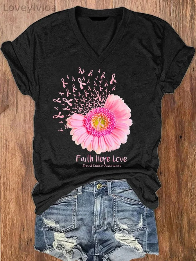 Women's Daisy Faith Hope Love Breast Cancer Awareness T-Shirt