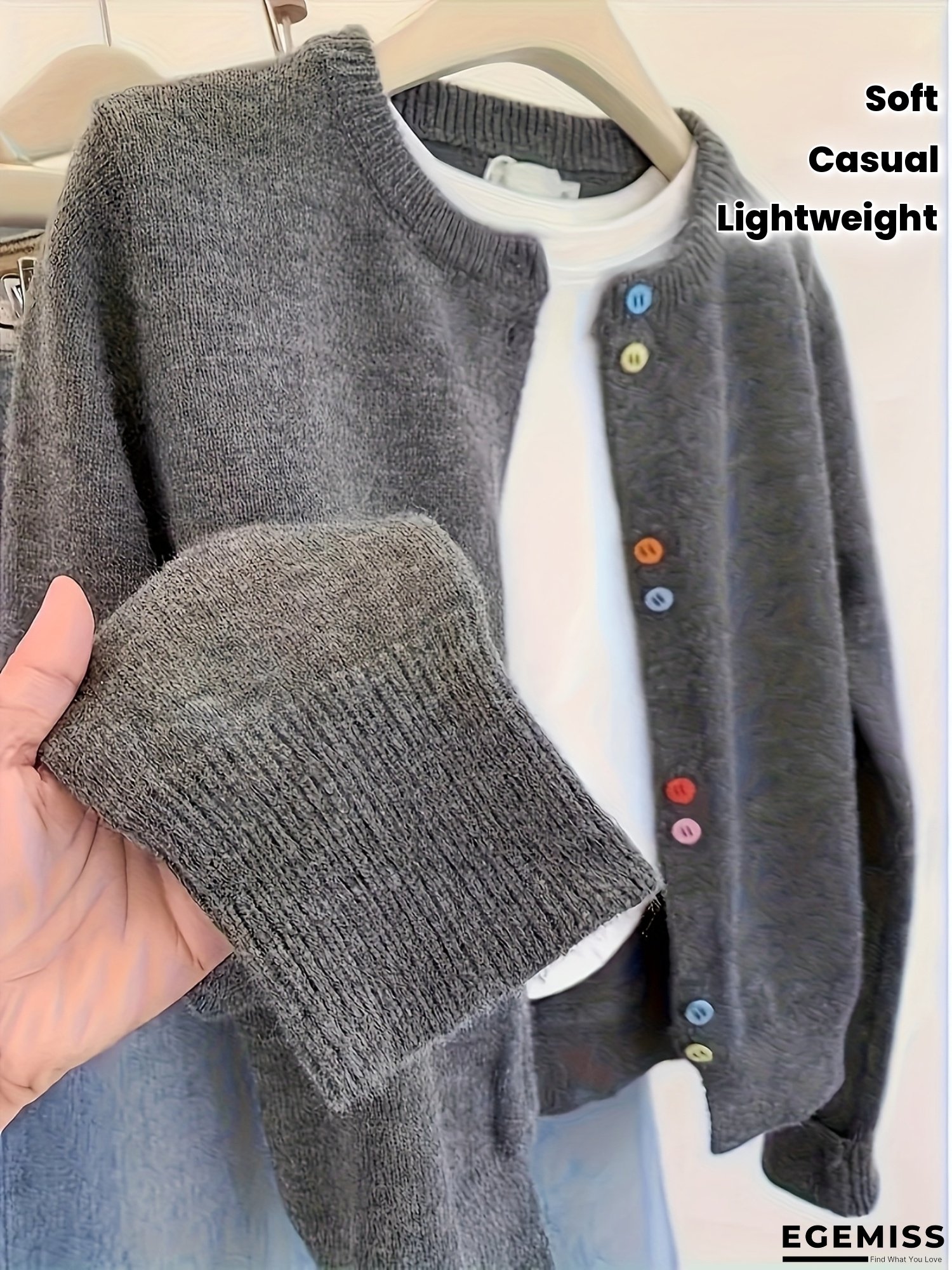 Women's Retro Style Rainbow Button Front Cardigan - Soft Gray Open Sweater with Colorful Buttons, Medium Stretch Round Neck Long Sleeve for Spring/Autumn Layering, Elegant Casual and Formal Wear, Lightweight Knitwear with Dimensional Design | EGEMISS
