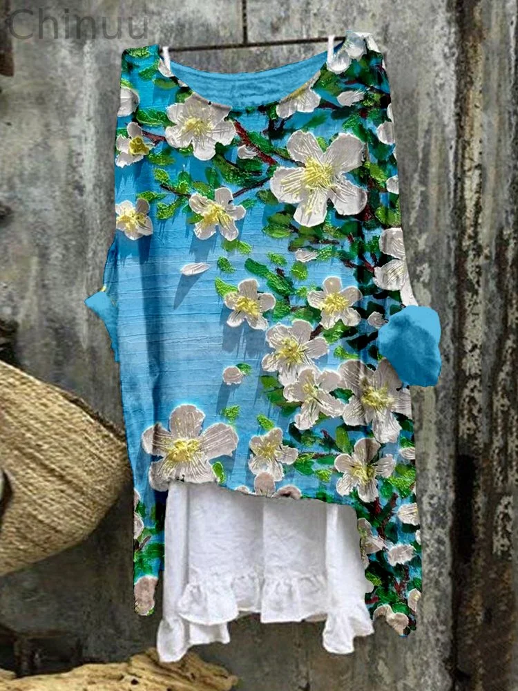 Summer Floral Oil Painting Art Linen Blend Tunic