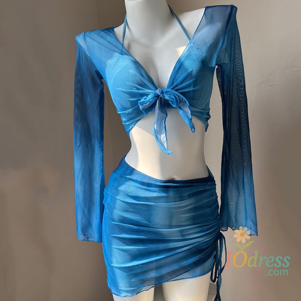 IO Dress Women's Fashion Tie Dye Bikini Set 4 Piece Set Pleated Skirt Bathing Suit Side Ruched Mesh Long Sleeve Swimsuit Set Summer Wear