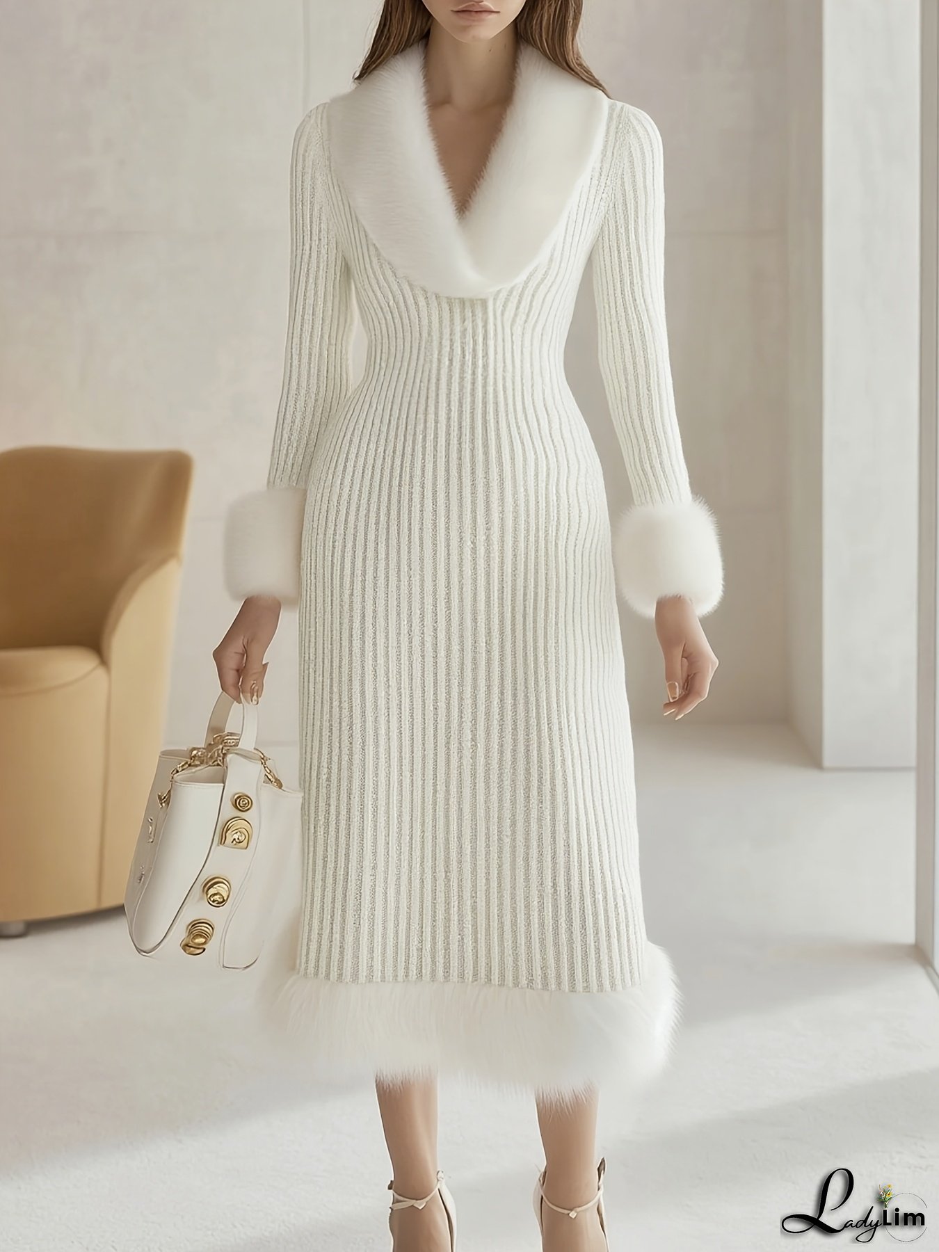 Women's Elegant V-Neck Sweater Dress - Formal Party & Everyday Chic Outfit, Flattering Fit, Elegant White Dresses For Women, Chic Dress, Winter Fashion, Sophisticated Style, Premium Material, Stylish Outfit, Office Wear, Quality Stitching, Fashion Lovers