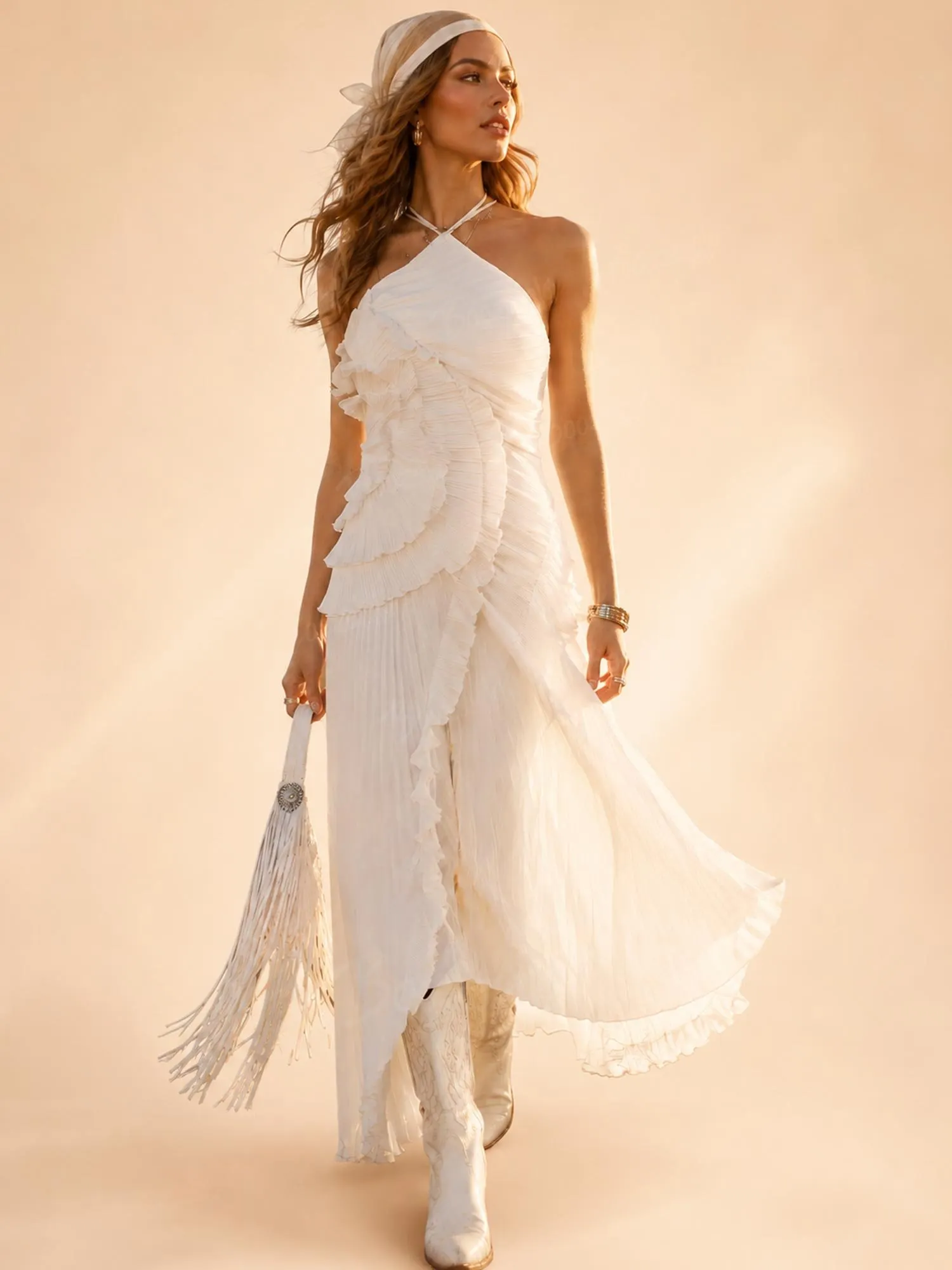 Best for Country Music Festivals &mdash; Halter Ruffle Pleated Georgette Chiffon Women's Maxi Dress