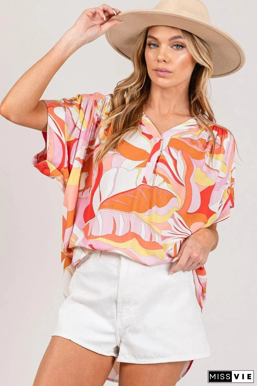 SAGE + FIG Abstract Print Half Button Blouse
