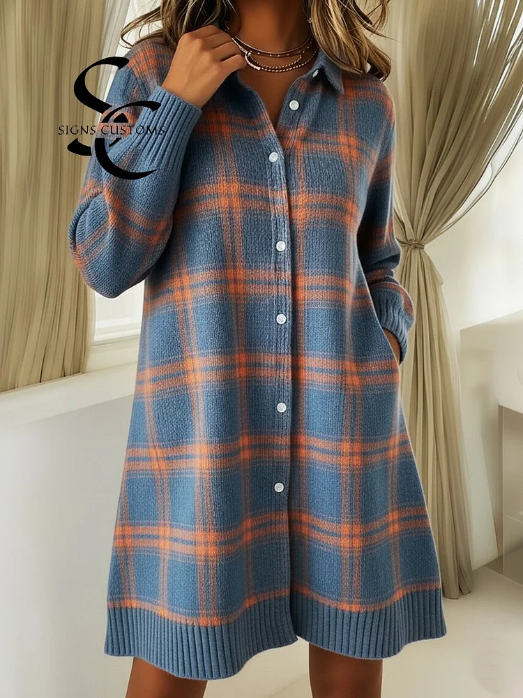 Retro Polo Collar Button-down Plaid Print A-line Knitted Dress