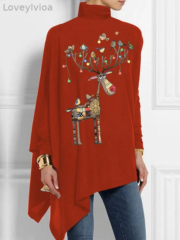 Women's Reindeer Christmas Turtleneck Plus Size Tops