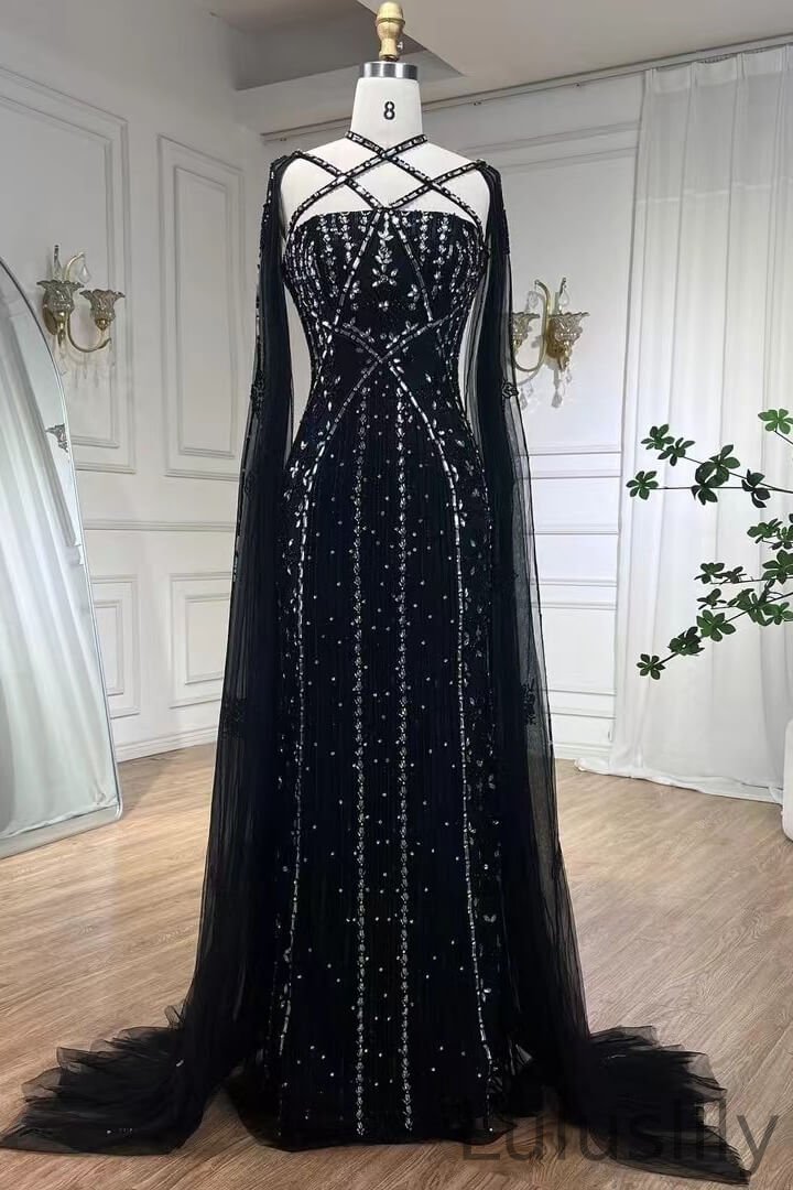 Classic Black Ruffle Sleeves Mermaid Evening Gowns With Beadings Crystals - lulusllly