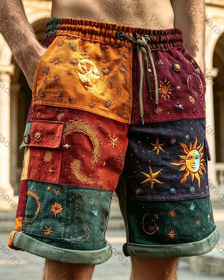 Men's Summer Fashion Star and Moon Print Embroidered Casual Linen Shorts 4868