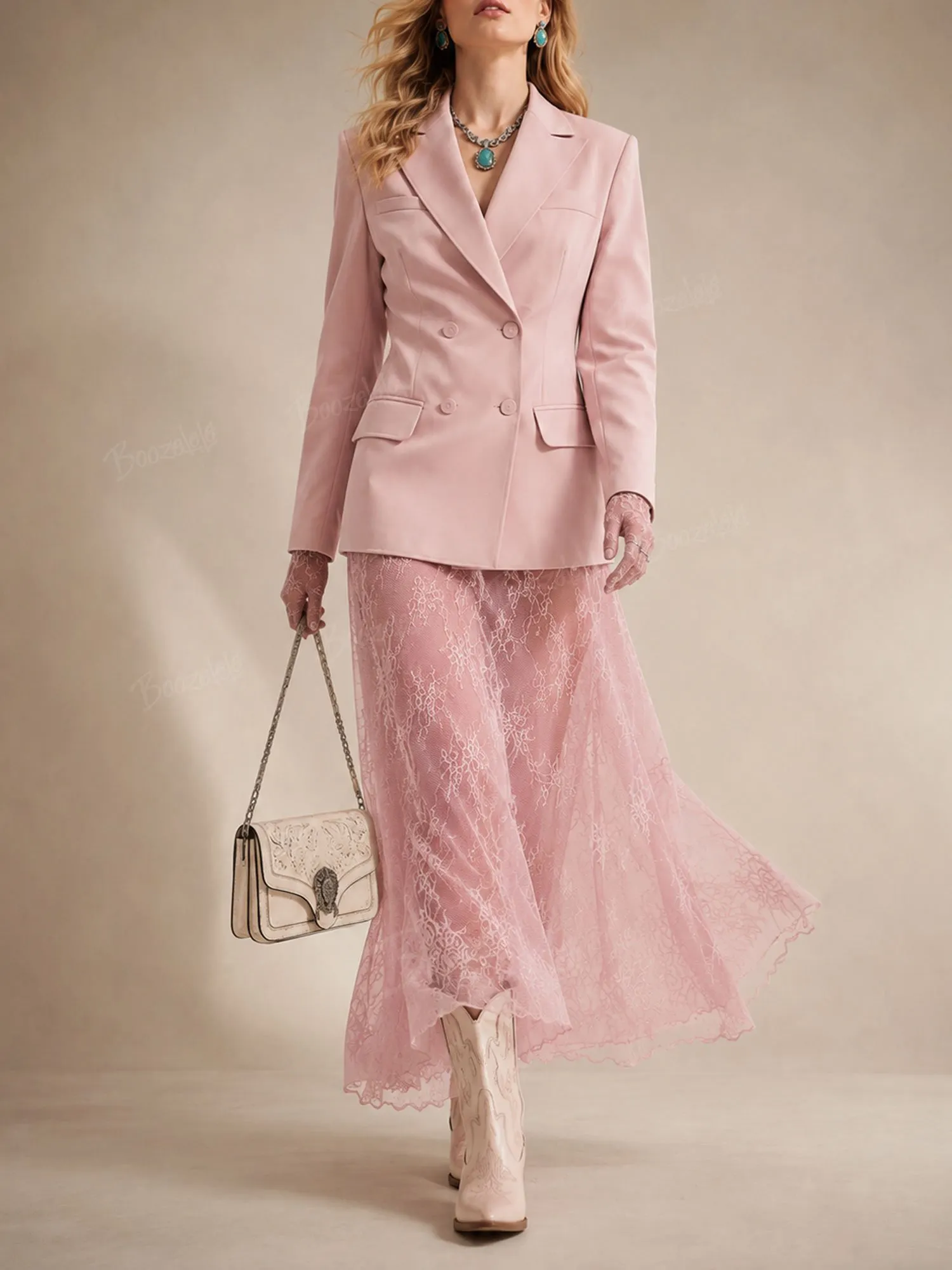 Perfect for a Western Wedding &mdash; 2026 Blush Pink Double-Breasted Sheer Tailored Suit Lace Skirt Set