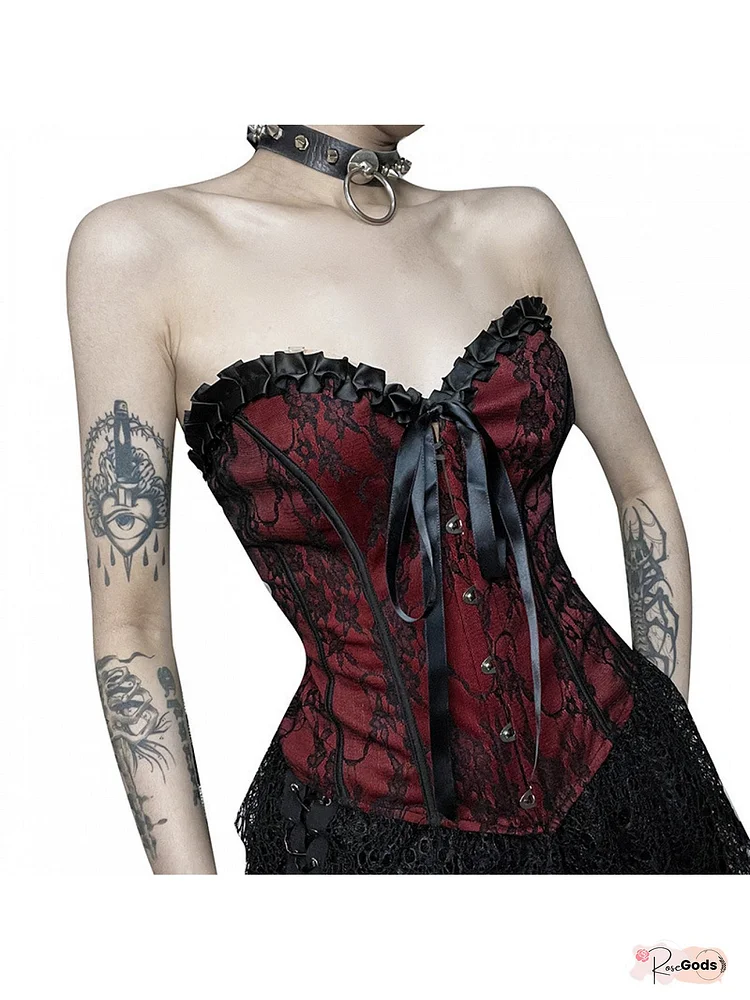 Women's Sexy Gothic Strapless Corset Top - Lace Waist-Cinching Tank, Burgundy/Burgundy Short Length Bustier Shirt, Machine Washable Summer Dressy to Casual Wear (No Underwire, Lace-Fitting Design)
