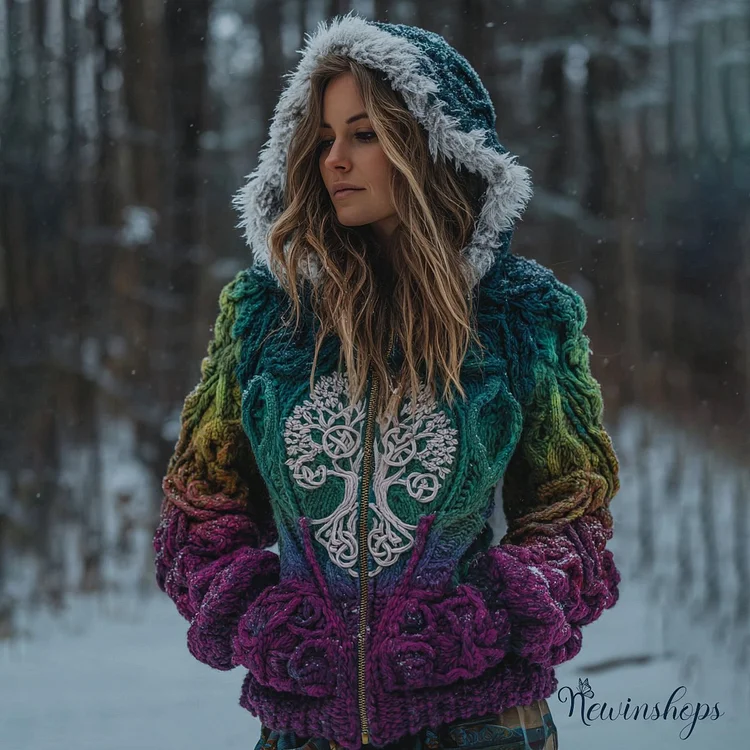 Women's Viking Retro Style Tree Of Life Pattern Knit Hooded Sweater Jacket