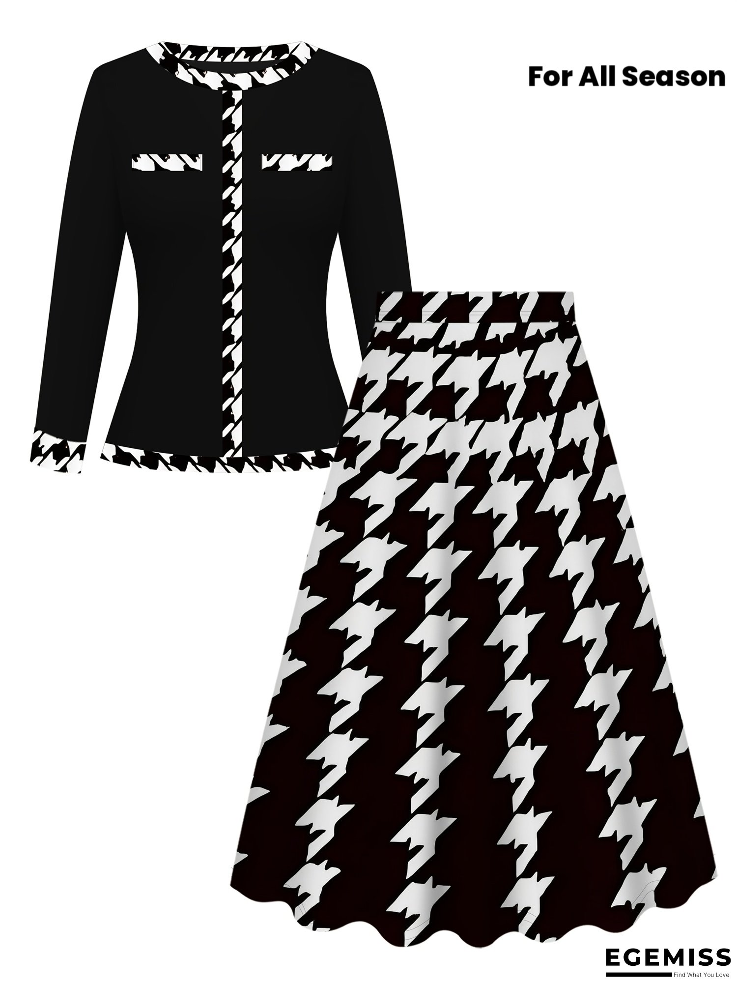 Women's Elegant Slim-Fit Houndstooth Print Suit Set - Black & White Two-Piece with Long Sleeve Round Neck Top & A-Line Skirt, High Elasticity Structured Fit, Machine Washable All-Season Professional & Semi-Formal Outfit, Outfit Sets for Women | EGEMISS
