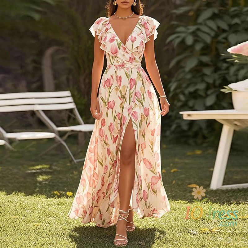 IO Dress Sexy V Neck High Waist Split Loose Woman Dress Summer Short Sleeve Print Boho A-Line Dress Casual Pleated Hollow Holiday Dresses