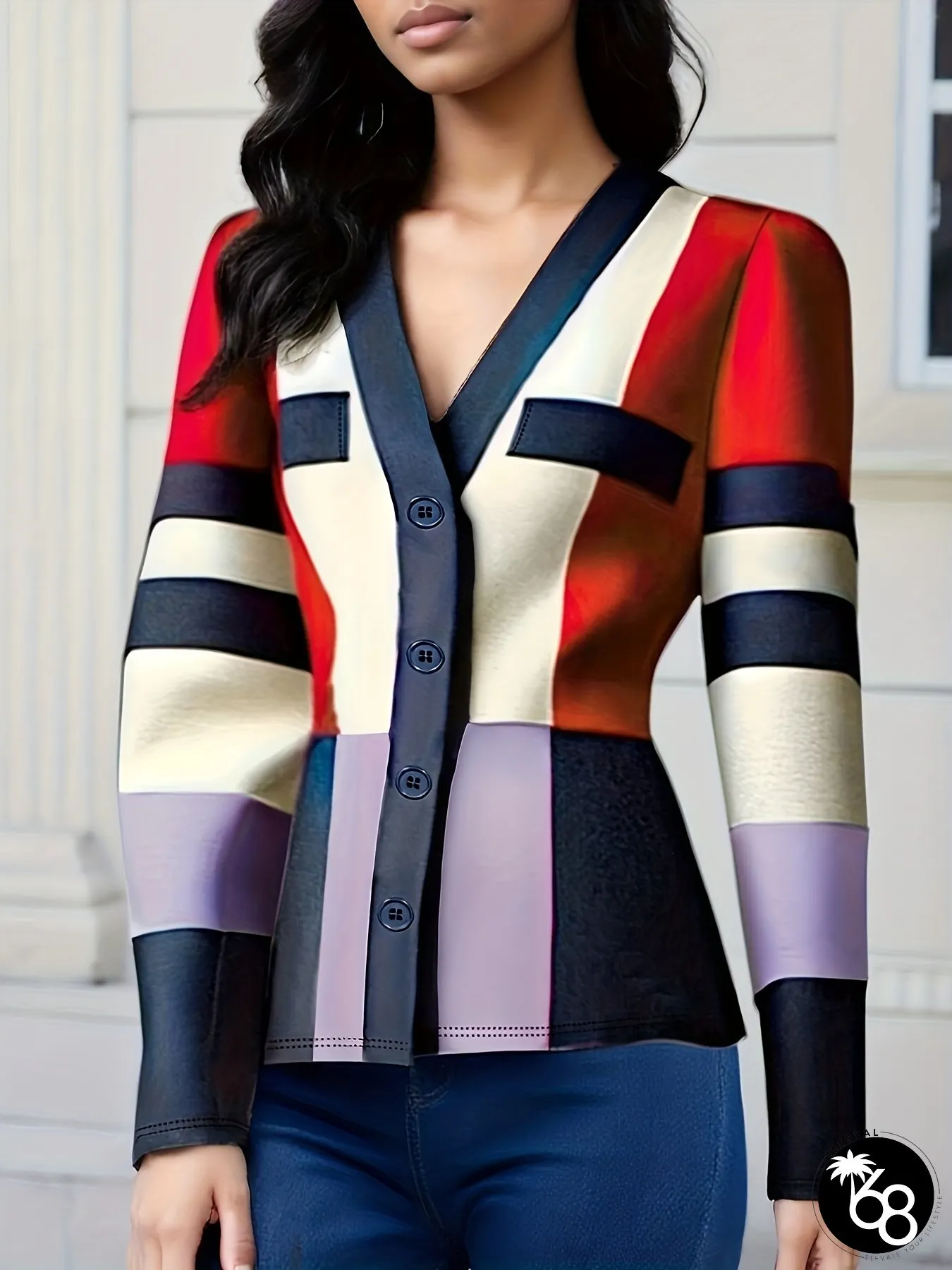 Womens Red White Navy Blue Striped V-Neck Jacket Lightweight All-Season Zipper Front | 168DEAL