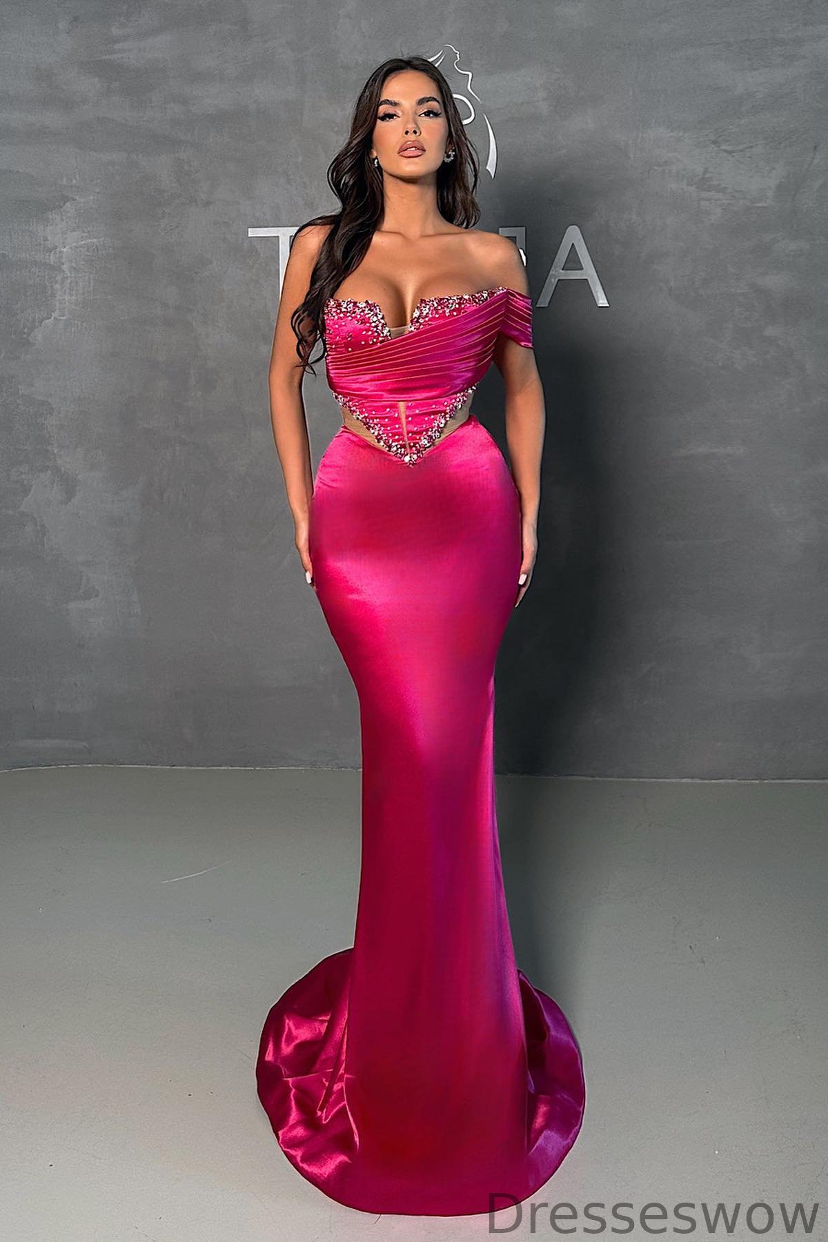 Dresseswow Fuchsia Off-The-Shoulder Mermaid Prom Dress With Sequins Beadings
