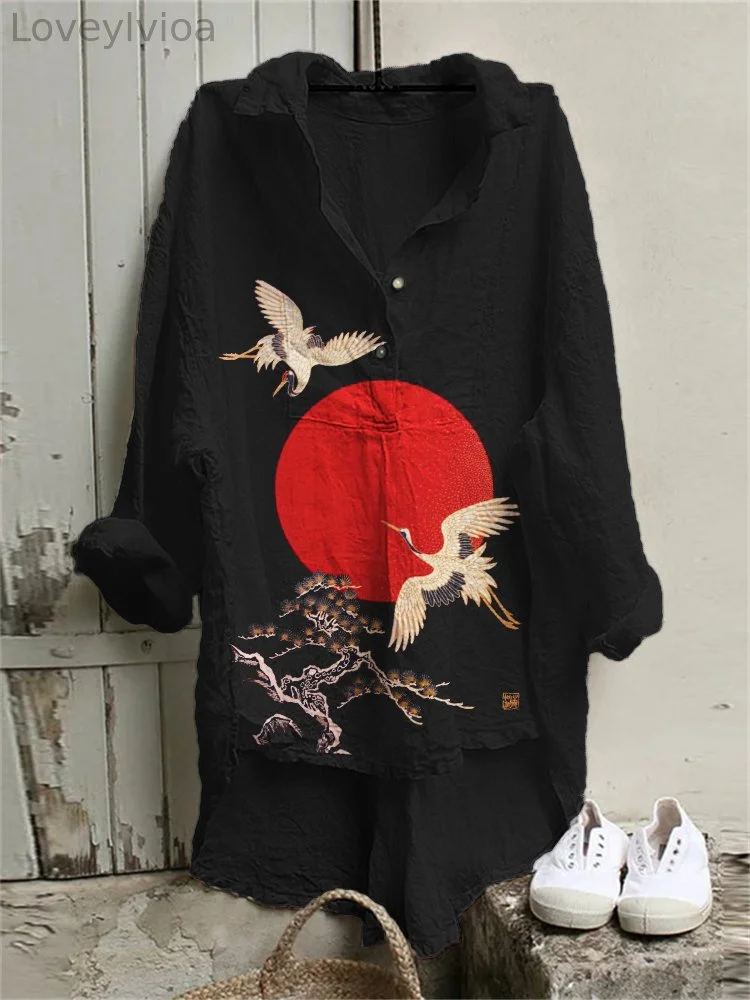 Cranes & Pine Trees Sunrise Japanese Art High Low Tunic