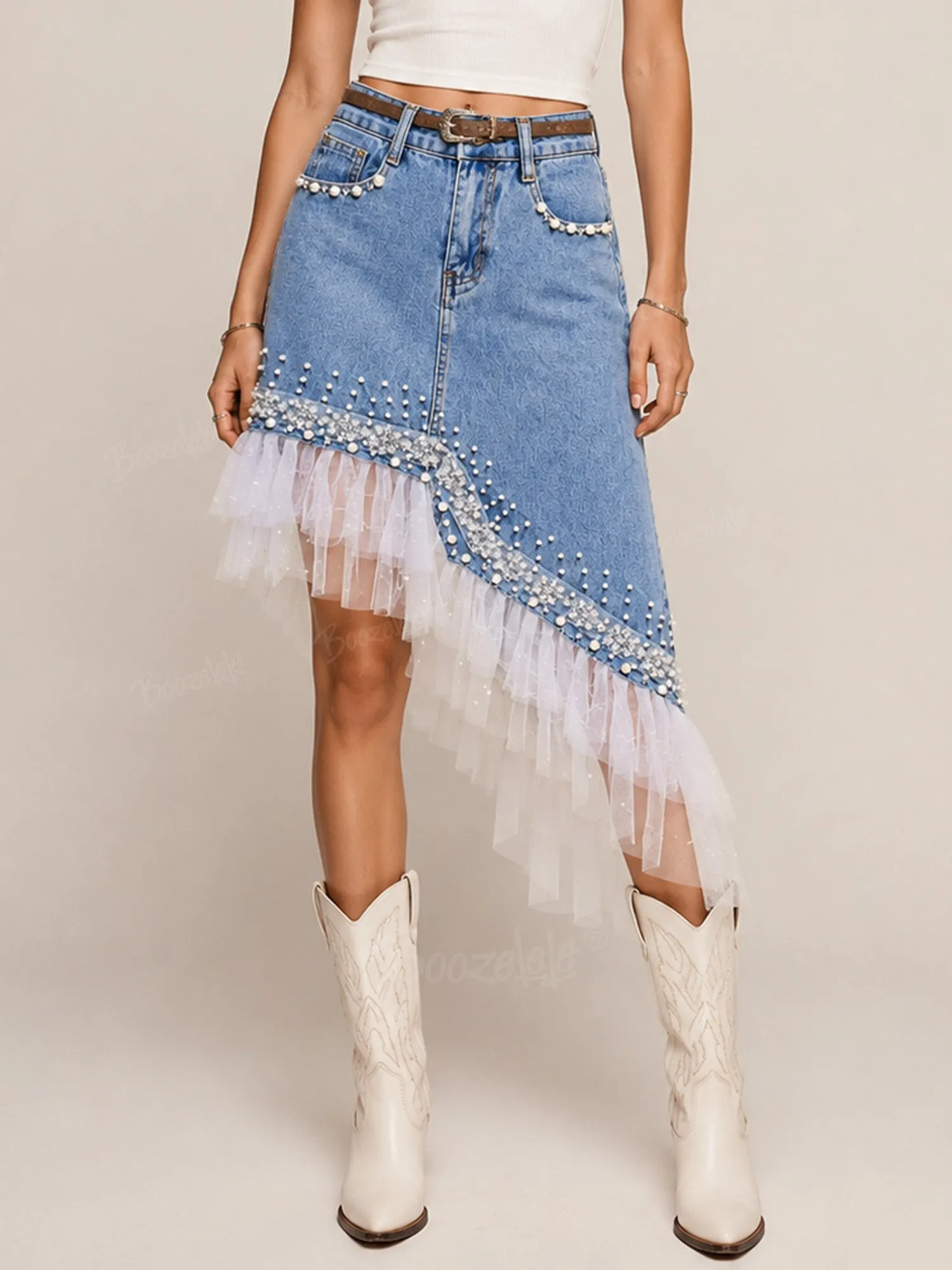 Perfect for summer outdoor concerts&mdash;a light blue beaded mesh and premium cotton denim skirt for women.