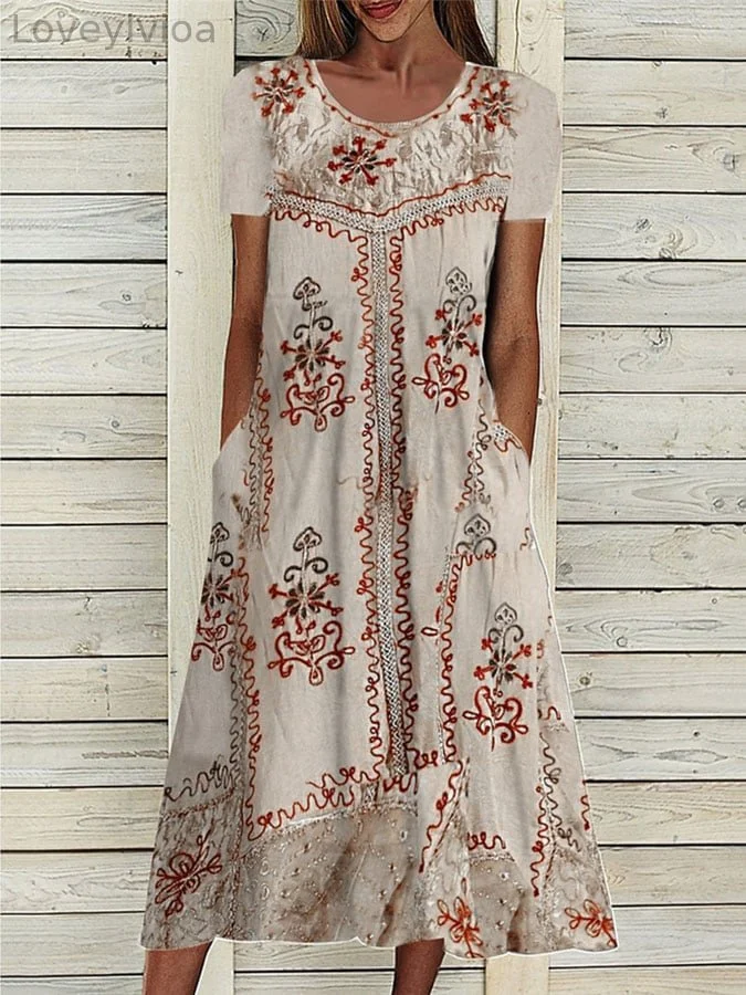 Women's Retro Print Casual V-Neck Dress