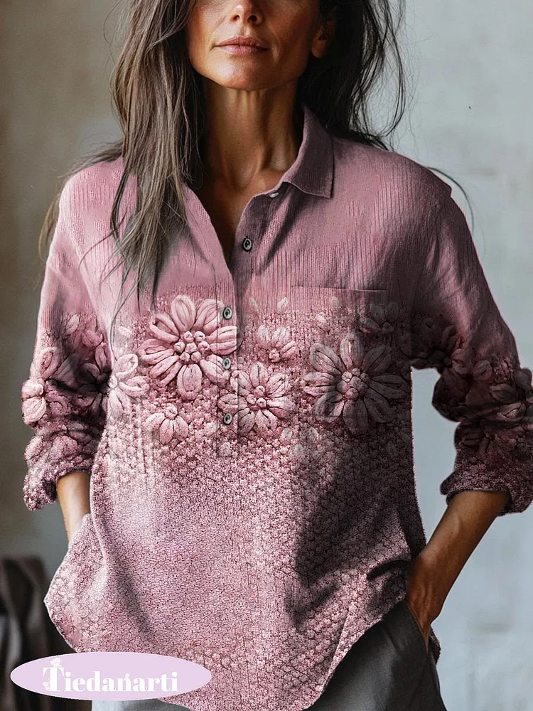 Women's Vintage Lovely Floral Art Print Casual Cotton And Linen Shirt