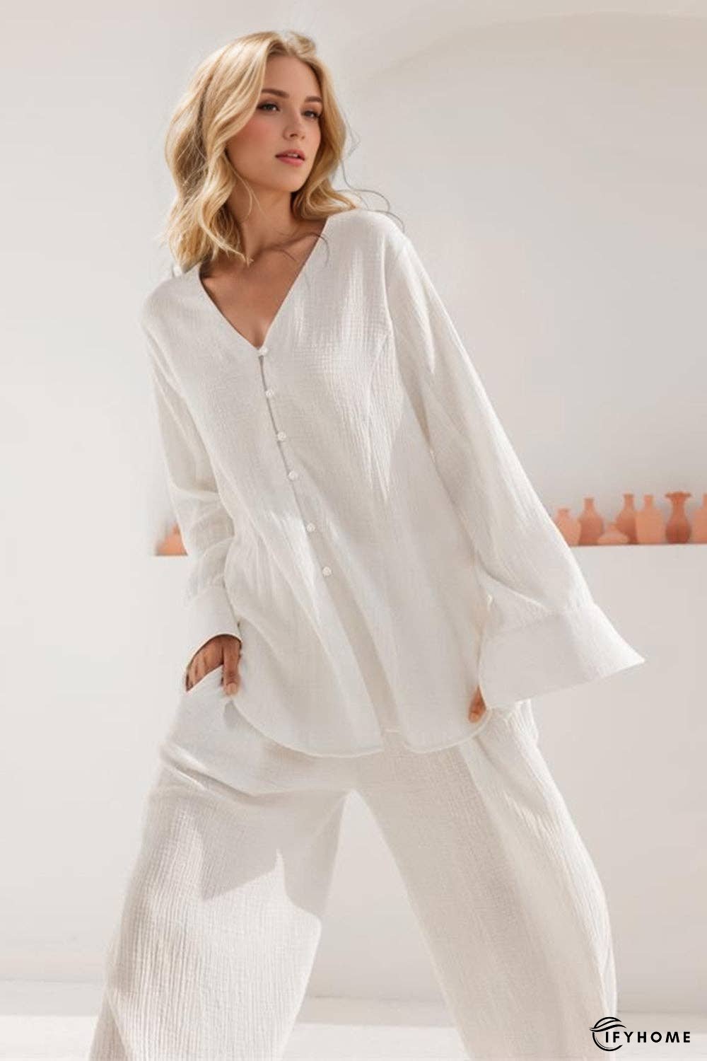 Basic Bae Buttery-Soft V-Neck Long Sleeve Top and Pants Set | IFYHOME