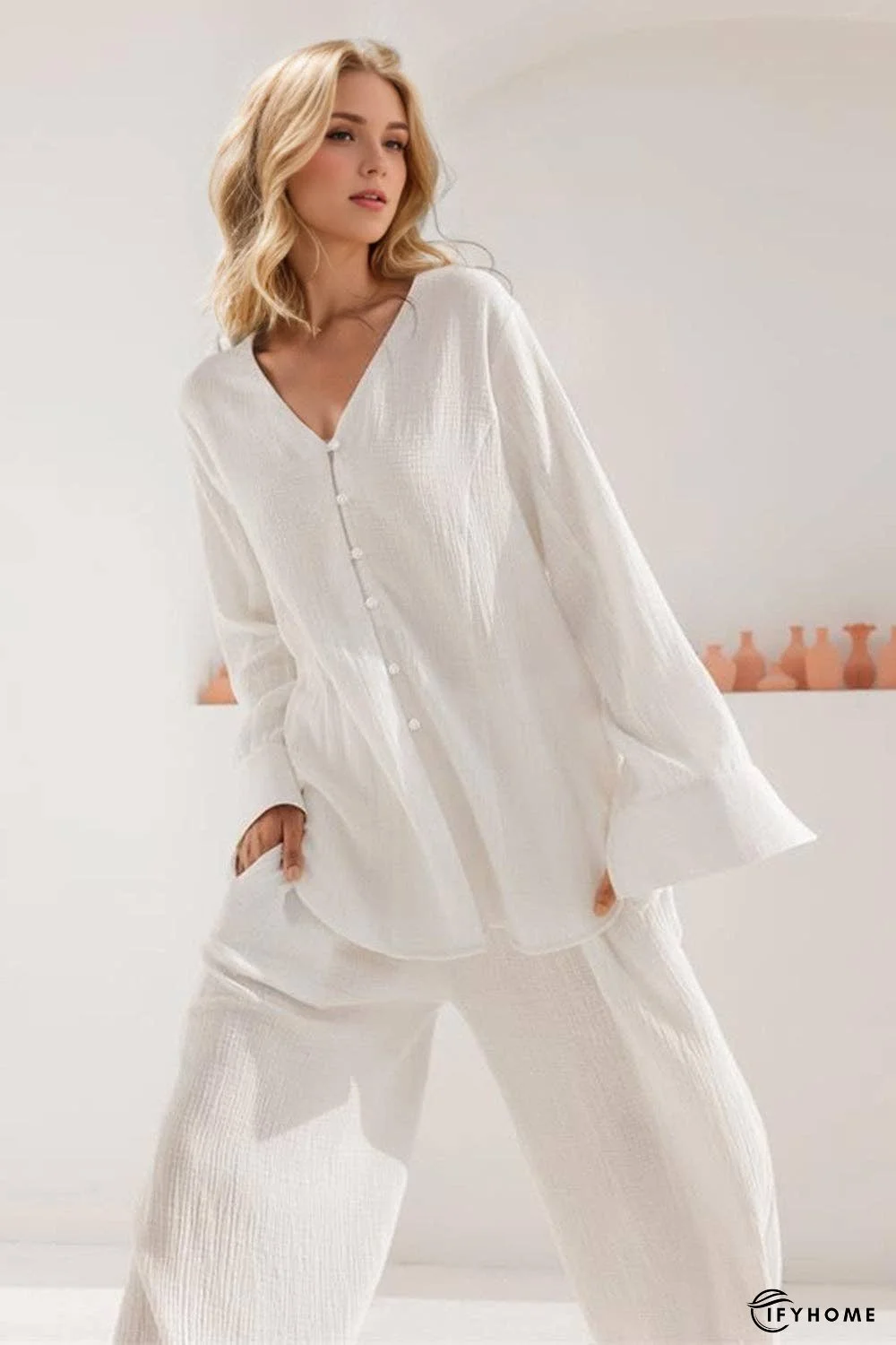 Basic Bae Buttery-Soft V-Neck Long Sleeve Top and Pants Set | IFYHOME