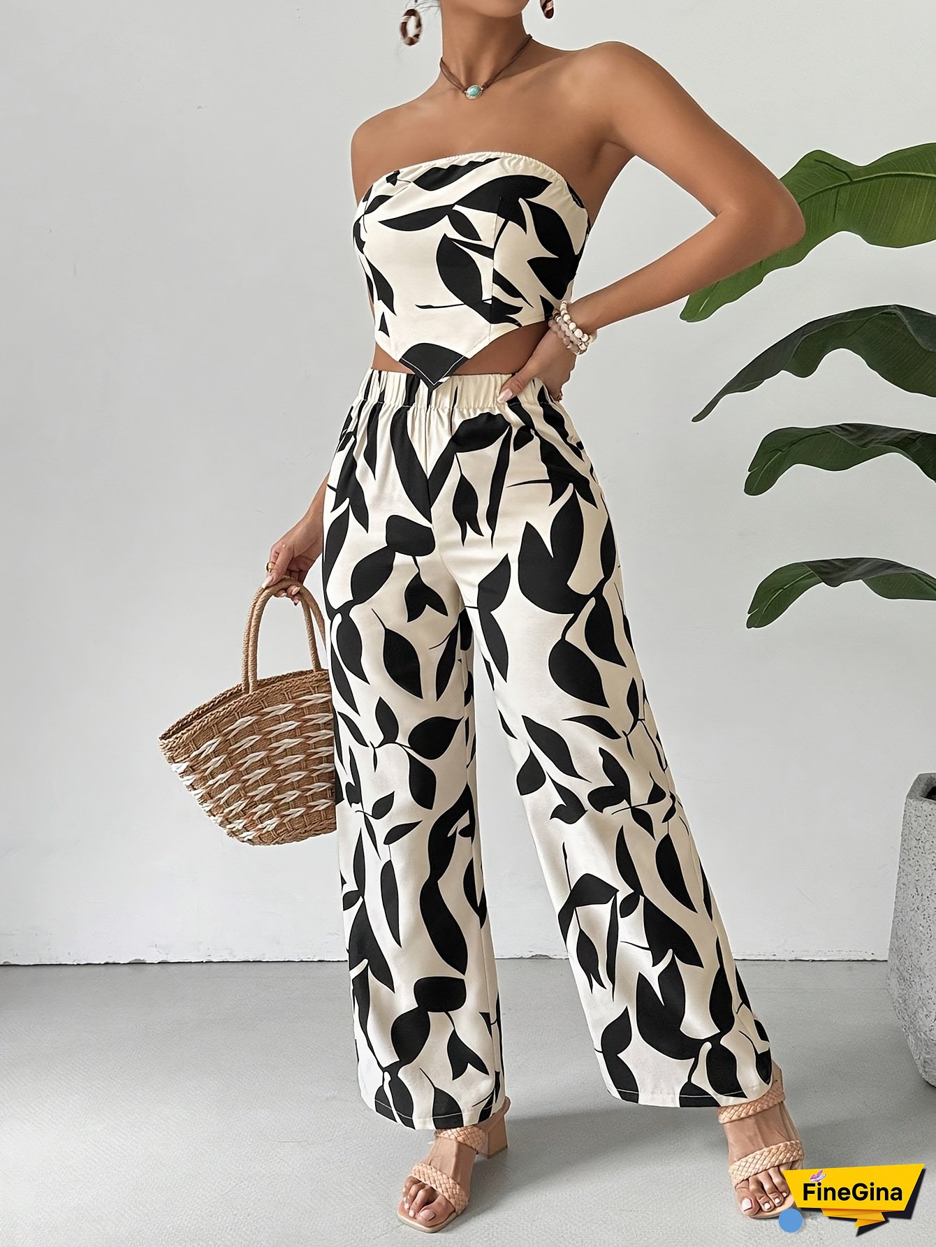 Two-piece set of summer ladies' elegant and generous back strap tube top with printed waist-waist loose trousers