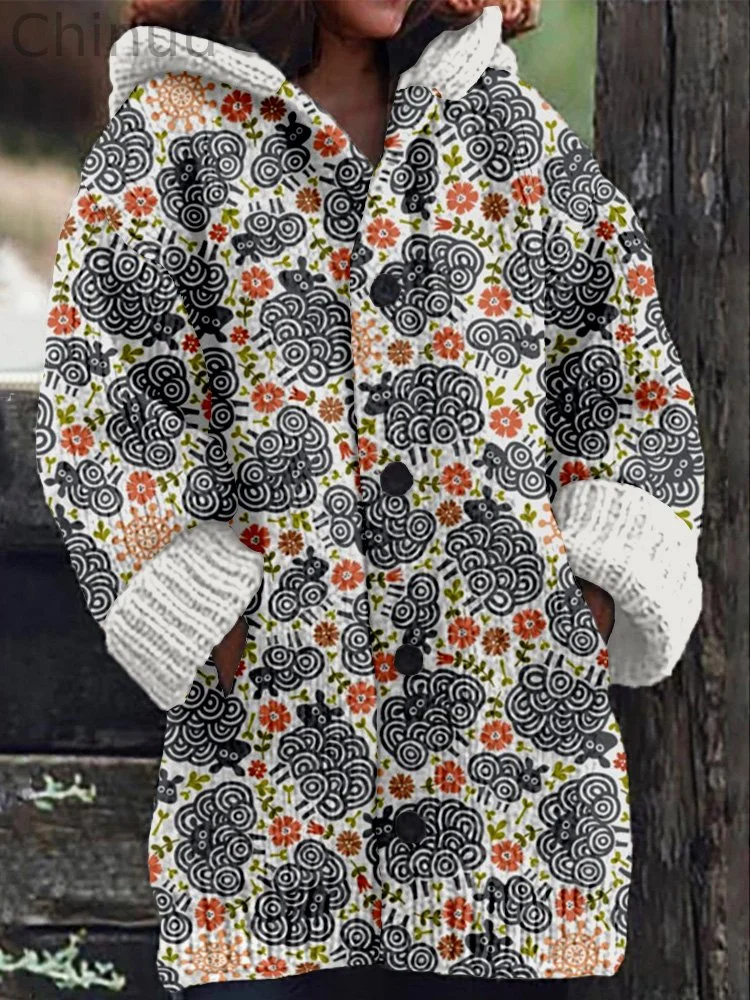 Cute Black Sheep Pattern Cozy Hooded Cardigan