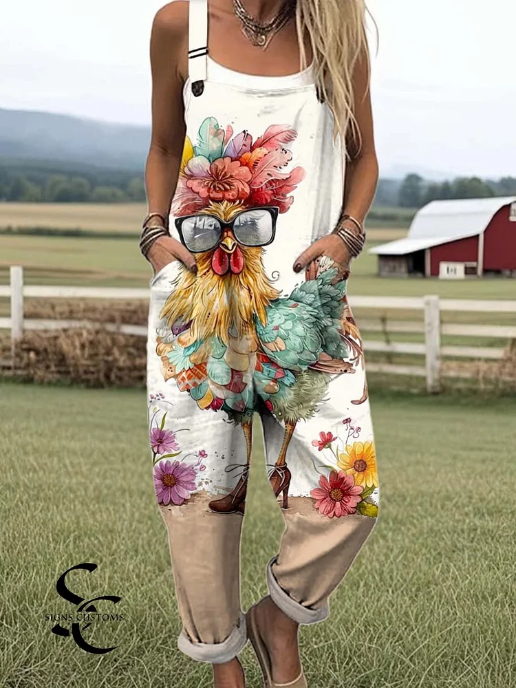 Women's Funny Chicken Pattern Art Print Casual 100% Cotton Wide Leg Jumpsuit
