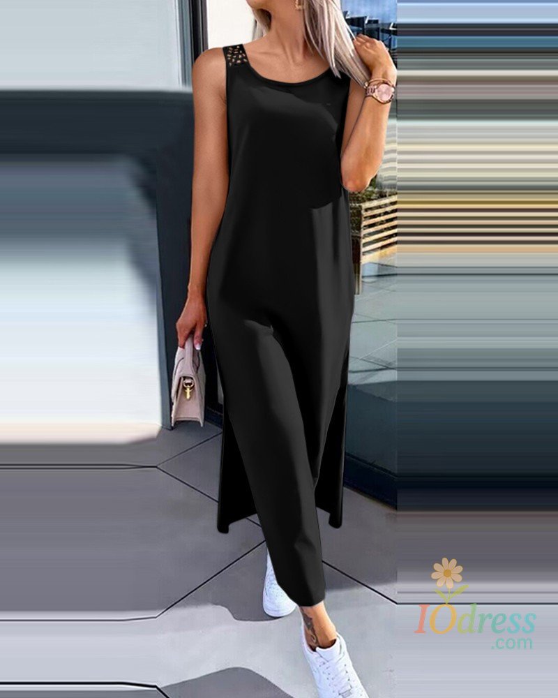 IO Dress Hollow Out Solid Long Dress Women Fashion Sleeveless O-neck Maxi Dresses For Women 2024 Summer Women's Slim Split Vestidos Black IO Dress