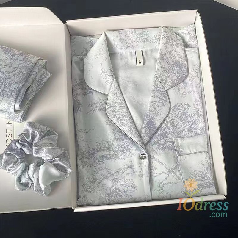 IO Dress New Ice Silk Women Pajama Lapel Button Cardigan Outfits for Women 2 Piece Set Fashion Printing Set Clothes for Women