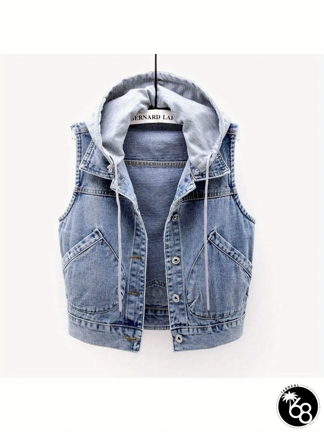 Meiyin Womens Slim-Fit Hooded Denim Vest Light Wash Blue Distressed Jacket withFake Pocket | 168DEAL