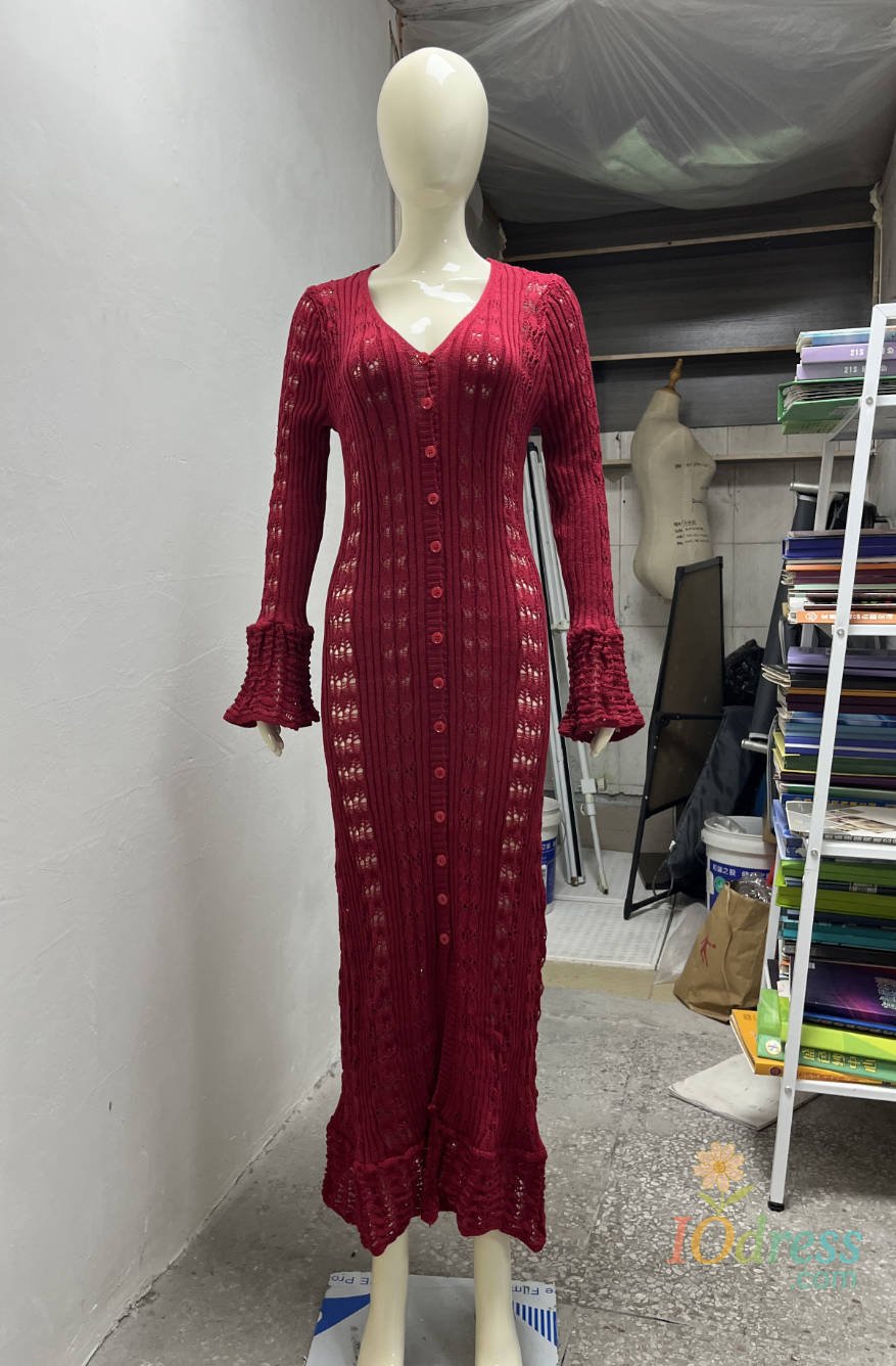 IO Dress Elegant Knitted Hollow Out Long Dress Women Beach Ruffle Single-breasted Flare Sleeve Cardigan Robe Female Fashion Solid Dresses IO Dress