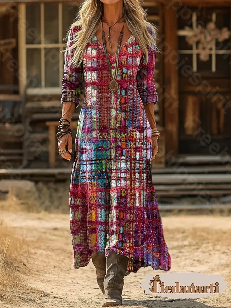 Women's Colorful Woven Art Print Casual V-Neck Long Sleeve Cotton Pocket Dress