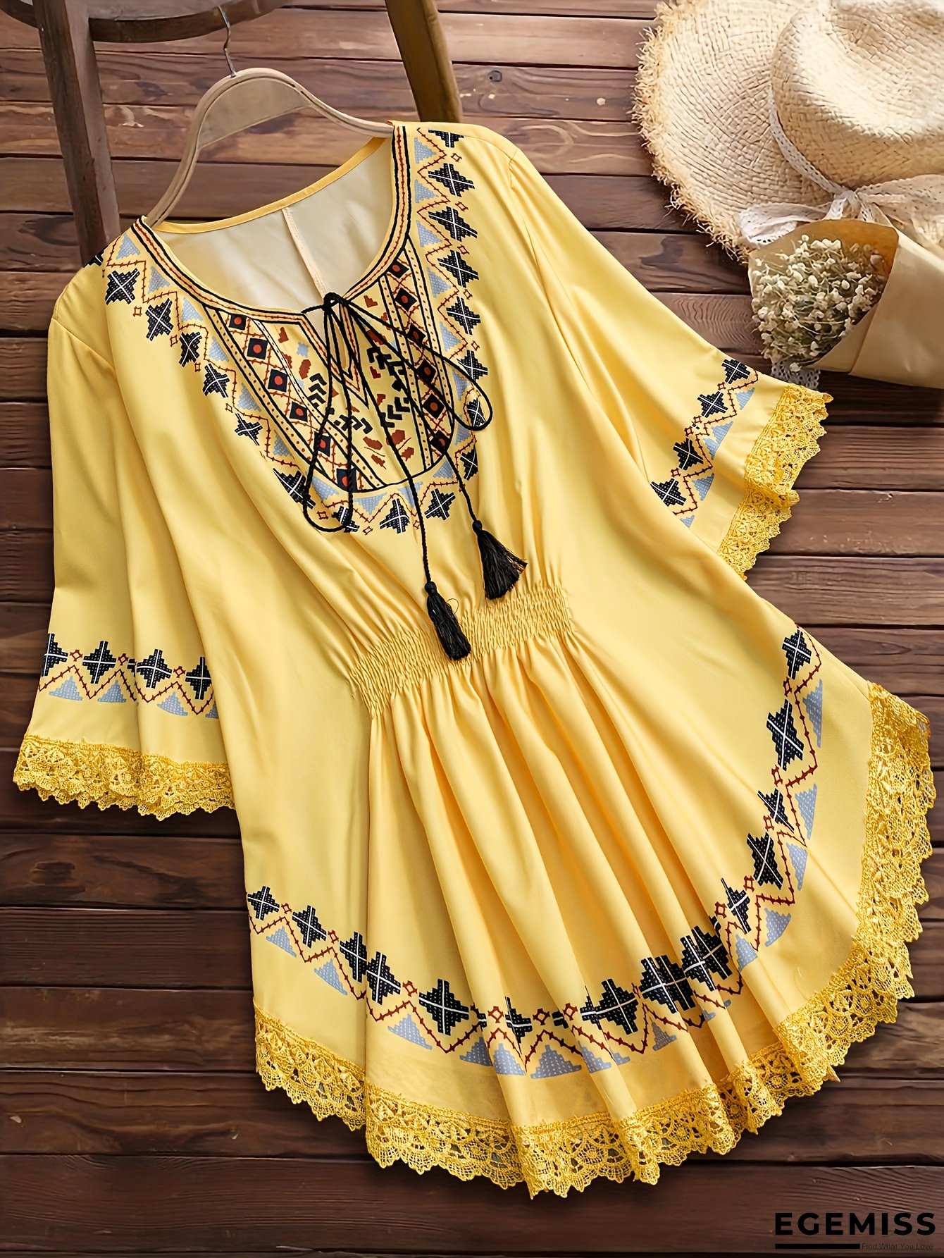 Women&lsquo;s Elegant Bohemian V-Neck Blouse with Geometric Lace Trim, Golden Yellow & Black Contrast, Short Sleeves, Flowy Design for Spring/Summer/Fall, Bohemian Blouse | EGEMISS
