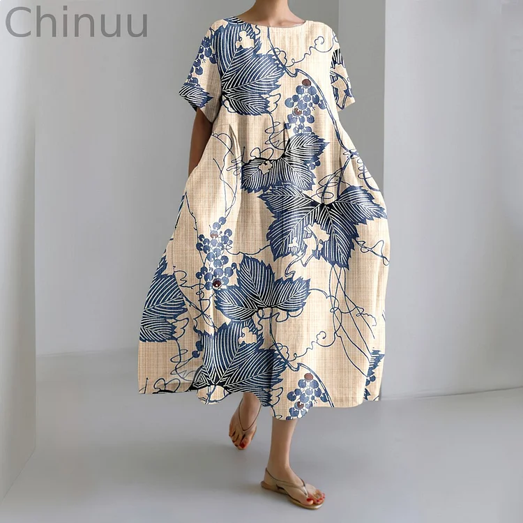 Japanese Art Grapevine Print Short Sleeve Midi Dress