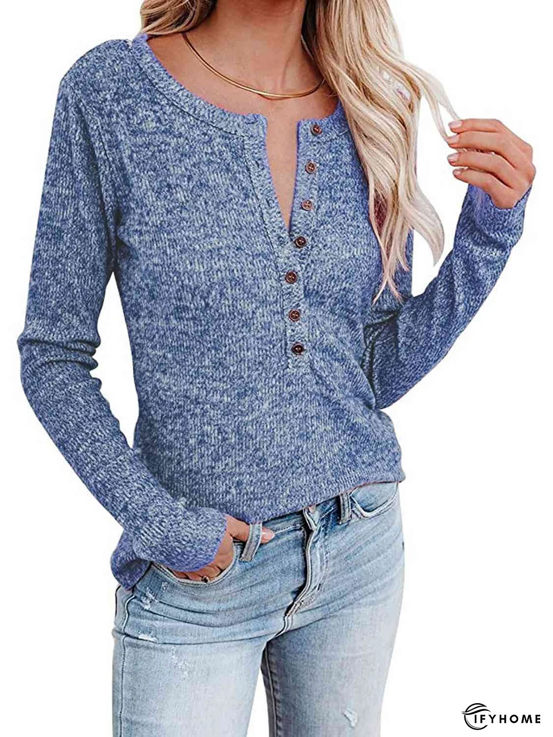 Round Neck Buttoned Long Sleeve T-Shirt | IFYHOME