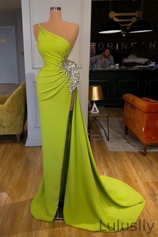 Luluslly One Shoulder Yellow Green Evening Dress Mermaid With Slit beads