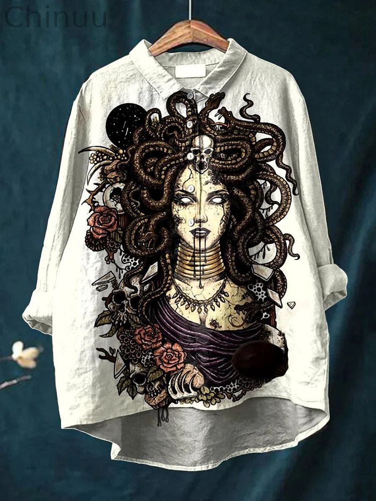 Women's  Medusa Art  Print Casual Cotton And Linen Shirt
