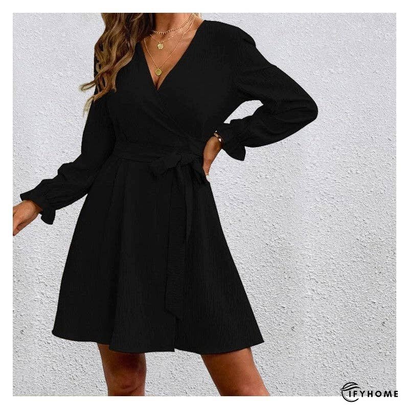 V-Neck Long Sleeves Solid Color Waist Tied Mini Dress | IFYHOME