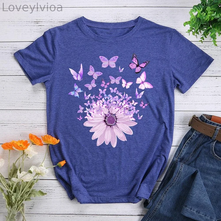 sunflower butterfly Round Neck T-shirt-0023183