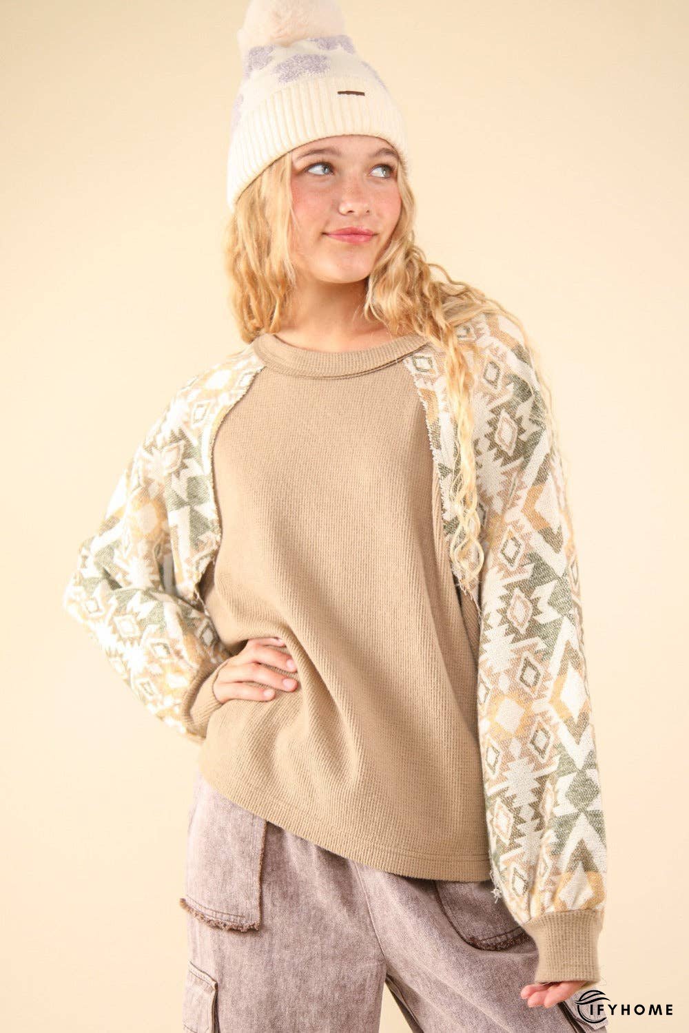 VERY J Printed Long Sleeve Round Neck Knit Top | IFYHOME