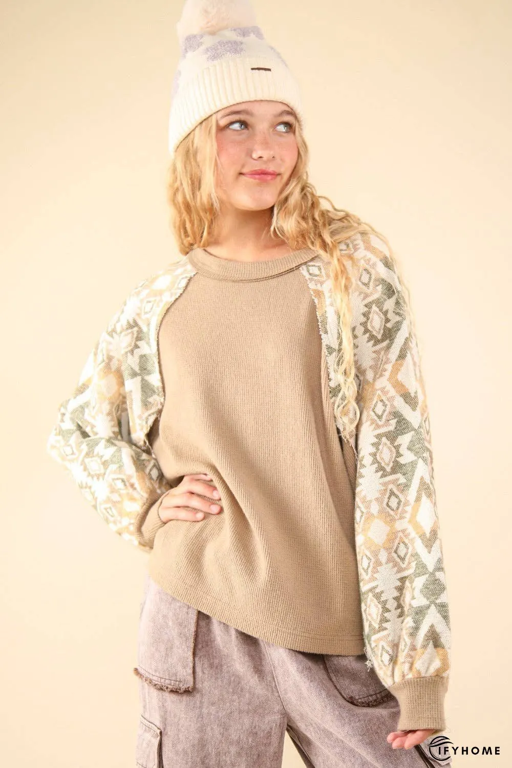 VERY J Printed Long Sleeve Round Neck Knit Top | IFYHOME